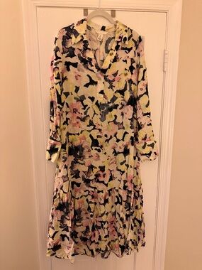 H&M Size S Floral Watercolor V-Neck Long Sleeve Dress i